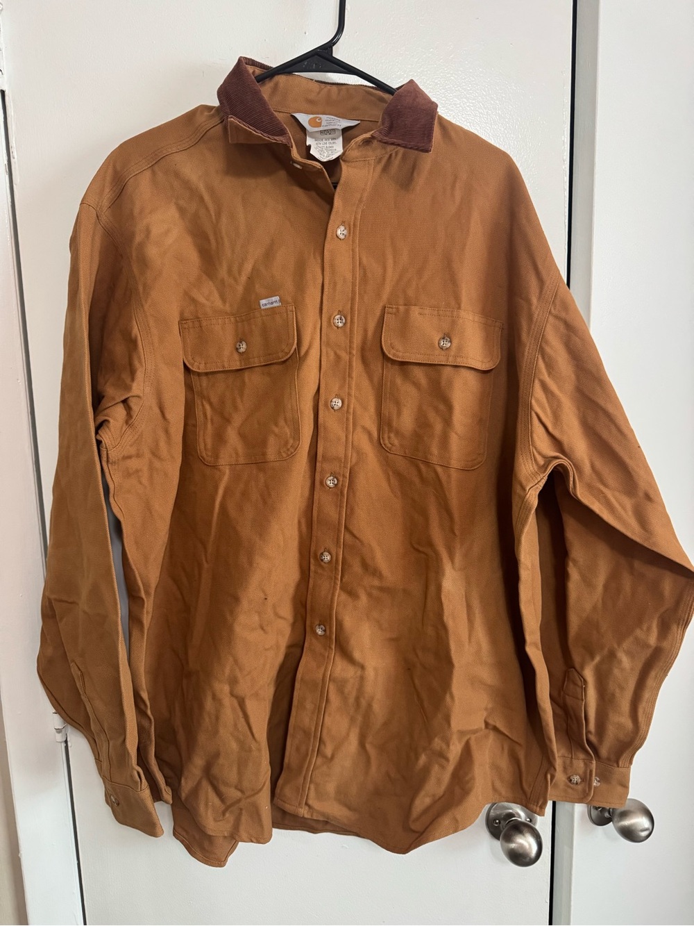 Carhartt Men's Tan Work Shirt Jacket with Brown Corduroy Collar